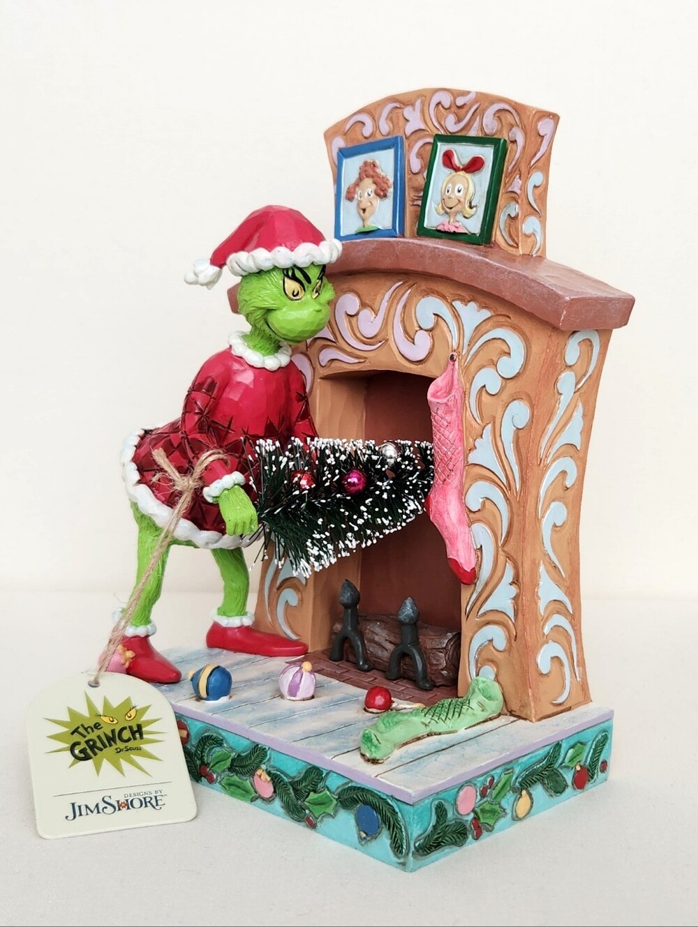 Jim Shore Grinch Pushing Christmas Tree Up Fireplace Figurine 6015214 New w/ Tag